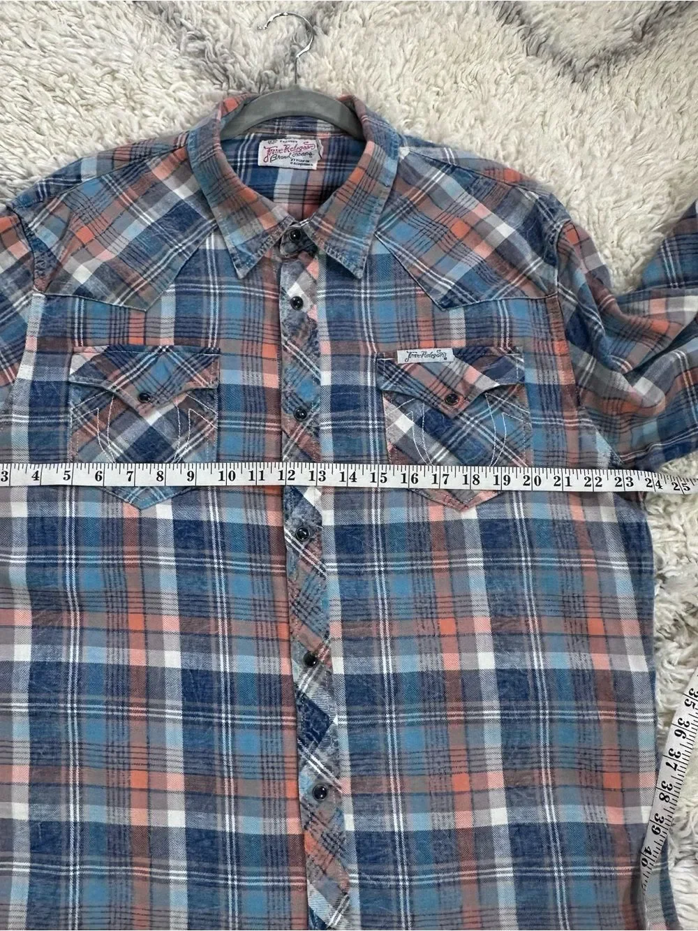 True Religion Blue and Peach Plaid Button-Down Shirt